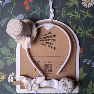 Furfangos fejpánt, hajráf 4 felfűzhető elemmel - lepke, masni, sütőtök, cilinder - fehér - fekete tűpöttyös - Meska.hu