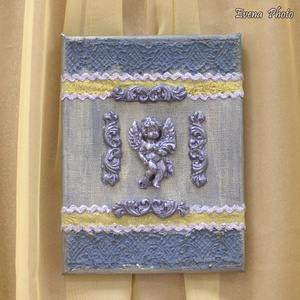 Angyalkás faldísz, Otthon & Életmód, Dekoráció, Fali és függő dekoráció, Falra akasztható dekor, Decoupage, transzfer és szalvétatechnika, Festett tárgyak, MESKA