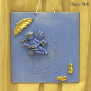 Angyalkás faldísz, Otthon & Életmód, Dekoráció, Fali és függő dekoráció, Falra akasztható dekor, Decoupage, transzfer és szalvétatechnika, Festett tárgyak, MESKA