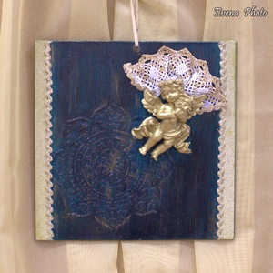 Angyalkás faldísz, Otthon & Életmód, Dekoráció, Fali és függő dekoráció, Falra akasztható dekor, Decoupage, transzfer és szalvétatechnika, Festett tárgyak, MESKA