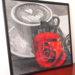 Elegáns rózsa kávéval � 40x40 cm-es gyémántszemes falikép - otthon & életmód - dekoráció - fali és függő dekoráció - falra akasztható dekor - Meska.hu