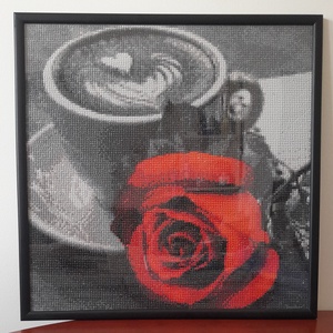 Elegáns rózsa kávéval � 40x40 cm-es gyémántszemes falikép - otthon & életmód - dekoráció - fali és függő dekoráció - falra akasztható dekor - Meska.hu
