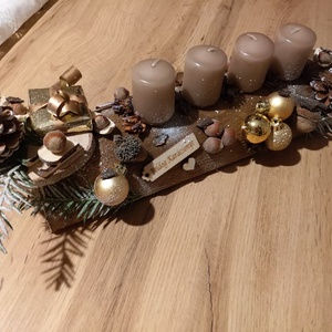 Adventi farönk asztaldísz, koszorú cserélhető gyertyákkal arany-barna színvilág  - karácsony - adventi díszek - adventi koszorú - Meska.hu