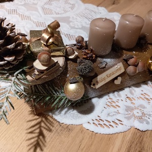Adventi farönk asztaldísz, koszorú cserélhető gyertyákkal arany-barna színvilág  - karácsony - adventi díszek - adventi koszorú - Meska.hu