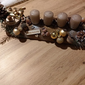 Adventi farönk asztaldísz, koszorú cserélhető gyertyákkal arany-barna színvilág  - karácsony - adventi díszek - adventi koszorú - Meska.hu