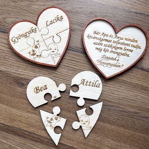 Személyre szabott fa szív-puzzle, Keresztszülő felkérő ajándék, Játék & Sport, Keresztelőajándékok, Gravírozás, pirográfia, MESKA