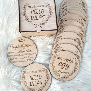 Fa mérföldkövek dobozzal, Baba - mama, Babafotózás, Baba mérföldkő kártyák, Gravírozás, pirográfia, A szett tartalma:
-„Megérkeztem – Hello Világ” korong
-1–12 hónapos korongok
-Egy extra korong a ba..., MESKA