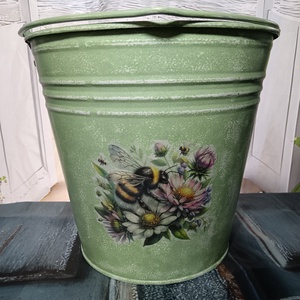 Rusztikus ,zöld, dongó mintás, Vintage fém vödör  - Meska.hu