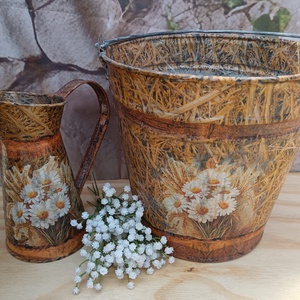 Rusztikus Vidéki kancsó és kaspó , Otthon & Életmód, Virágdekoráció, Virágtartó, Kaspó, Decoupage, transzfer és szalvétatechnika, Festett tárgyak, MESKA