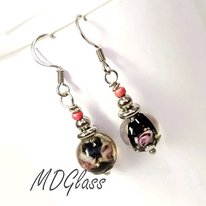 Rózsaszín rózsák lámpagyöngy fülbevaló, Ékszer, Fülbevaló, Lógó fülbevaló, Ékszerkészítés, Üvegművészet, MESKA