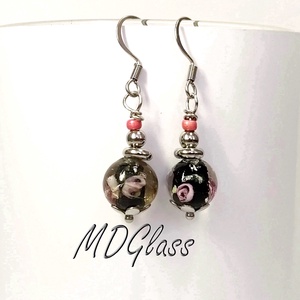 Rózsaszín rózsák lámpagyöngy fülbevaló - ékszer - fülbevaló - lógó fülbevaló - Meska.hu