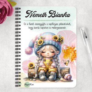 Személyre szabható - Cuki csigás napraforgós manó lány mintás A5-ös füzet - otthon & életmód - papír, írószer - jegyzetfüzet & napló - Meska.hu