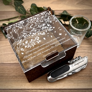 Szülőköszöntő ajándék szett díszdobozban hulló levelek grafikával, Esküvő, Emlék & Ajándék, Szülőköszöntő ajándék, Gravírozás, pirográfia, MESKA