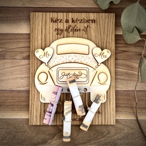 Autós esküvői pénzátadó egyedi gravírozással, Esküvő, Emlék & Ajándék, Nászajándék, Esküvői pénzátadó képkeret, Famegmunkálás, Gravírozás, pirográfia, MESKA
