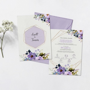 Esküvői meghívó lila tavaszi virágokkal - kétoldalas, Esküvő, Meghívó & Kártya, Meghívó, Fotó, grafika, rajz, illusztráció, Meska
