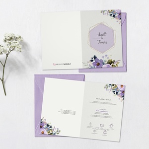 Esküvői meghívó lila tavaszi virágokkal - nyitható, Esküvő, Meghívó & Kártya, Meghívó, Fotó, grafika, rajz, illusztráció, Meska