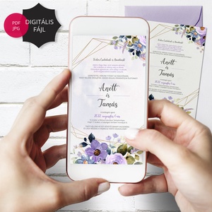 Digitális, nyomtatható esküvői meghívó lila tavaszi virágokkal - egyoldalas, Esküvő, Meghívó & Kártya, Meghívó, Fotó, grafika, rajz, illusztráció, Meska