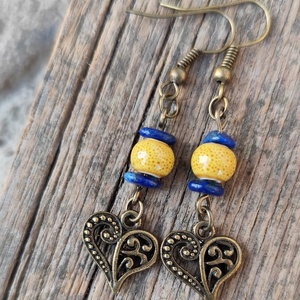 Szíves fülbevaló - kerámia, lapis lazuli, Ékszer, Fülbevaló, Lógó fülbevaló, Ékszerkészítés, MESKA