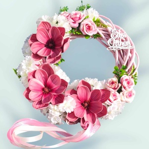 Mályva-fehér magnóliás tavaszi ajtódísz - otthon & életmód - dekoráció - ajtó- és ablak dekoráció - ajtódísz & kopogtató - Meska.hu