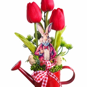 Piros tulipánok kannában-Nyúl Péterrel - otthon & életmód - dekoráció - asztal és polc dekoráció - asztaldísz - Meska.hu