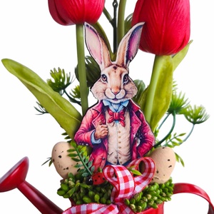 Piros tulipánok kannában-Nyúl Péterrel - otthon & életmód - dekoráció - asztal és polc dekoráció - asztaldísz - Meska.hu
