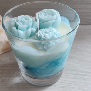 Világoskék virágos poharas gyertya  - otthon & életmód - gyertya, illat, aroma - gyertya - Meska.hu