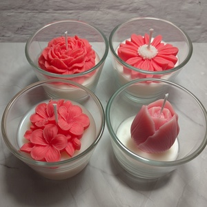 Piros virágos poharas gyertya, Kellékek & szerszámok, Dekorációs kellékek, Dekorációs gyertya, Gyertya-, mécseskészítés, MESKA