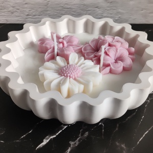 Lila- fehér virágos gyertyatál , Otthon & Életmód, Gyertya, illat, aroma, Gyertya, Gyertya-, mécseskészítés, MESKA