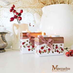 Csipkebogyós mécsestartó szett, Karácsony, Karácsonyi lakásdekoráció, Karácsonyi illatgyertya, mécses, Festett tárgyak, Kézzel festett csipkebogyó mintával díszített, fából készült mécsestartó szett. 

Begubózós, hideg ..., MESKA