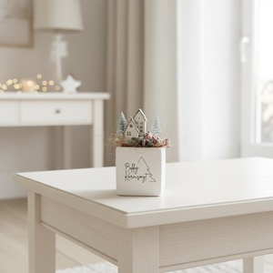 Karácsonyi asztaldísz  fehér kocka kaspó két apró házikóval - karácsony - karácsonyi lakásdekoráció - karácsonyi lakásdíszek - Meska.hu