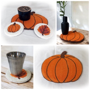 Tök és őszi falevél asztali szőnyeg, bútorvédő, pohártartó, mécsestartó, őszi dekoráció, Halloween          - Meska.hu