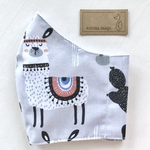 Ha rajtad a Láma, nincs DRÁMA! Láma mintás, pasztellszürke színű pamut textil arcmaszk, gyerekmaszk -  Artiroka design - női - női - Meska.hu