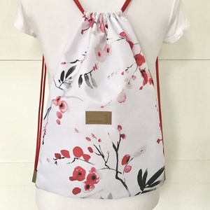 Japán cseresznyefa virágzás -  fehér, piros, fekete színű,  vízlepergetős gymbag hátizsák - Artiroka design -  - Meska.hu
