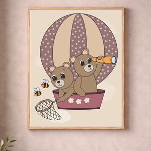 Mesepacni - macik hőlégballonon falikép - gyerekszoba dekoráció (40x50cm), Baba - mama, Babaszoba dekoráció, Babaszoba kép, Fotó, grafika, rajz, illusztráció, MESKA