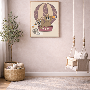 Mesepacni - macik hőlégballonon falikép - gyerekszoba dekoráció (40x50cm) - baba - mama - babaszoba dekoráció - babaszoba kép - Meska.hu