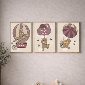 Mesepacni - macik a magasban 3 db-os falikép szett - gyerekszoba dekoráció, hőlégballon, lufi, ejtőernyő (40x50cm) - Meska.hu