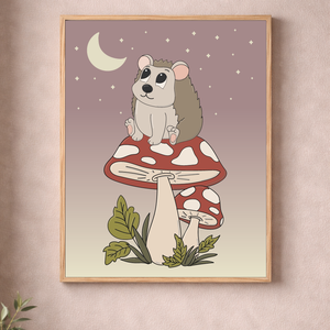 Mesepacni - gombán ülő süni holdfényben falikép - gyerekszoba dekoráció (40x50cm) - baba - mama - babaszoba dekoráció - babaszoba kép - Meska.hu