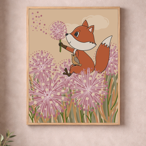 Mesepacni - róka és madár barátsága a pitypangmezőn falikép - gyerekszoba dekoráció (40x50cm) - baba - mama - babaszoba dekoráció - babaszoba kép - Meska.hu