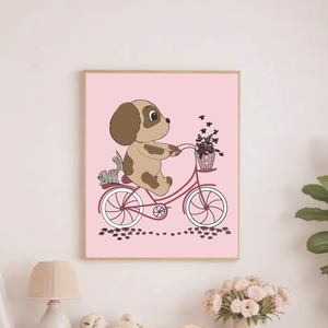 Mesepacni - Bicikliző kiskutya cicával falikép - gyerekszoba dekoráció (40x50cm) - baba - mama - babaszoba dekoráció - babaszoba kép - Meska.hu