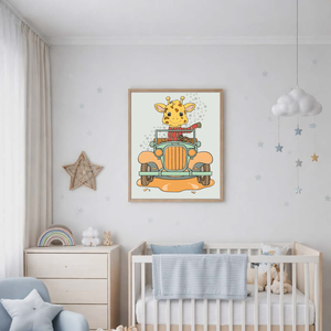 Mesepacni - zsiráf kisautóval - gyerekszoba falikép ��(40x50cm) - baba - mama - babaszoba dekoráció - babaszoba kép - Meska.hu