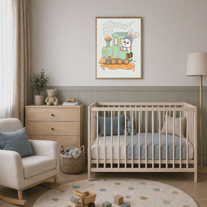 Mesepacni - nyuszi a vonaton falikép - cuki gyerekszoba dekoráció (40x50cm), Baba - mama, Babaszoba dekoráció, Babaszoba kép, Fotó, grafika, rajz, illusztráció, MESKA