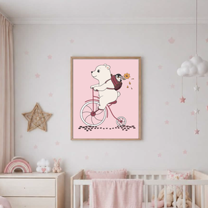 Mesepacni - Jegesmedve biciklin - gyerekszoba falikép, aranyos állatos illusztráció, pingvines dekoráció (40x50 cm) - baba - mama - babaszoba dekoráció - babaszoba kép - Meska.hu