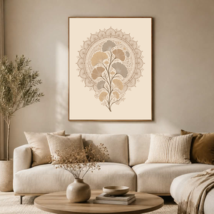 Mesepacni Home - Bézs ginkgo falikép - Elegáns dekoráció nappaliba és hálószobába - Modern mandala stílus - Meska.hu