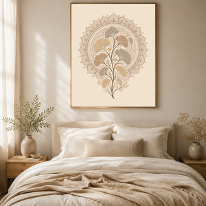 Mesepacni Home - Bézs ginkgo falikép - Elegáns dekoráció nappaliba és hálószobába - Modern mandala stílus - otthon & életmód - dekoráció - kép & falikép - poszter - Meska.hu