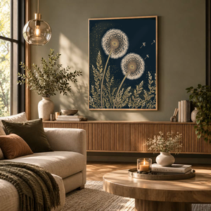 Mesepacni Home - Arany pitypang falikép - elegáns botanikai dekoráció sötétkék háttérrel, Otthon & Életmód, Dekoráció, Kép & Falikép, Poszter, Fotó, grafika, rajz, illusztráció, MESKA