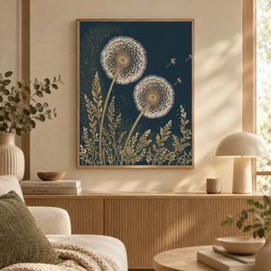 Mesepacni Home - Arany pitypang falikép - elegáns botanikai dekoráció sötétkék háttérrel - otthon & életmód - dekoráció - kép & falikép - poszter - Meska.hu