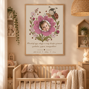 Katicás virágos emlékkép-Személyre szabható születési kép lányoknak, névvel, idézettel, fotóval vagy anélkül, 40x50 cm, Baba - mama, Babaszoba dekoráció, Babaszoba kép, Fotó, grafika, rajz, illusztráció, MESKA