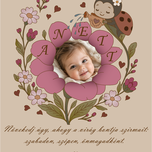 Katicás virágos emlékkép-Személyre szabható születési kép lányoknak, névvel, idézettel, fotóval vagy anélkül, 40x50 cm - baba - mama - babaszoba dekoráció - babaszoba kép - Meska.hu