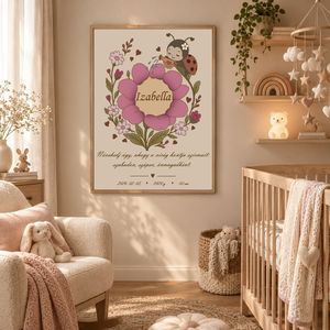 Katicás virágos emlékkép-Személyre szabható születési kép lányoknak, névvel, idézettel, fotóval vagy anélkül, 40x50 cm - baba - mama - babaszoba dekoráció - babaszoba kép - Meska.hu