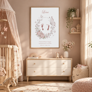 Mesepacni-Egyedi baba talp-kéznyomatos emlékkép virágokkal, pillangókkal � személyre szabott születési poszter 40�50 cm, Baba - mama, Babaszoba dekoráció, Babaszoba kép, Fotó, grafika, rajz, illusztráció, MESKA